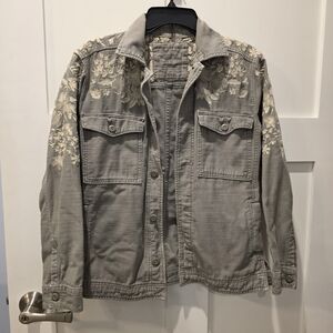 American Eagle Womens Jacket M Utility Military Canvas Embroidered Floral Boho